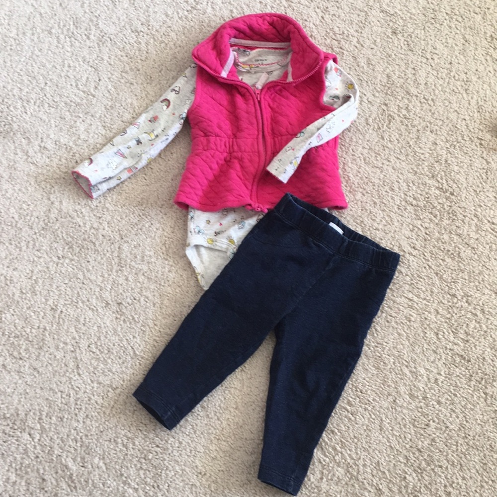 Girls legging, long sleeve onesie & vest set.